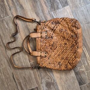 Rare Langellotti Woven Leather Floral Detail Double Handle Hobo Crossbody Bag
